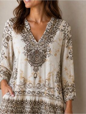 Christina Embellished Boho Tunic Top Beaded Neckline Cream Brown Women’s Size